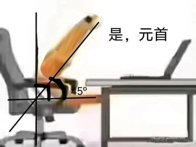 这是一张经过P图改编的静态图文混排梗图，画面主体是一把办公椅，椅子的靠背被处理成向前倾斜45度的姿态，同时标注了45度的角度线，让这个姿势看起来像是在敬礼。画面右侧配有文字“是，元首”，将办公椅拟人化，用这种方式调侃职场中员工面对上级指令时，不得不绝对服从的状态，带有戏谑和自嘲的意味，精准戳中职场人面对上级时的无奈情绪。