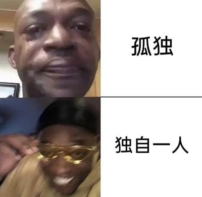 这是一张上下分栏的图文对比梗图，上半部分是一位面露悲伤、眼含泪水的黑人男性，右侧配文“孤独”，传递出因孤单而产生的难过、落寞的负面情绪；下半部分是一位戴着搞怪金色眼镜、表情滑稽的黑人男性，右侧配文“独自一人”，表现出享受独处、自在快乐的轻松状态。该图通过强烈的情绪反差，调侃了“孤独”和“独自一人”的本质区别：前者是带有负面感受的情绪，后者只是中性的独处状态，甚至可以是愉悦的。