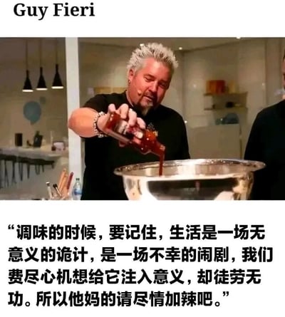 这是一张顶配底文图，画面主体是美国知名美食节目主持人盖伊·费里在厨房场景中的视频截图，他留着标志性的银白短发，正神情专注地往面前的不锈钢大碗中倾倒调味酱汁；图的下方配有一段反差感拉满的中文文字，先以极其丧的口吻感慨生活的无意义与荒诞，将生活形容为“无意义的诡计”“不幸的闹剧”，称人们试图为生活注入意义的努力全是徒劳，随后话锋陡然一转，落脚到“所以他妈的请尽情加辣吧”，用严肃的人生哲思和接地气的烹饪建议形成强烈反差，制造出荒诞又搞笑的效果，把当下流行的丧文化和日常的美食烹饪场景巧妙结合，成为极具趣味性的梗图。