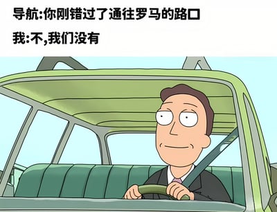 图片上方有两行文字对话，分别是“导航:你刚错过了通往罗马的路口”和“我:不,我们没有”。下方是《瑞克和莫蒂》中的角色Jerry Smith驾驶绿色汽车的卡通画面，他穿着西装，系着安全带，表情平静略带一丝微笑，目视前方。整体通过导航提示与驾驶者否认的反差制造幽默效果，暗讽现实中人们对导航提示的不同反应。