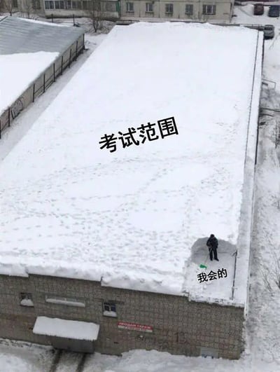 图片是一栋屋顶被大雪覆盖，雪上写着“考试范围”覆盖了整个屋顶，而屋角站着一个人，旁边写着“我会的”，用来形象对比出“考试范围很大，而自己会的知识点极其有限”的尴尬情形。画面讽刺感十足，表达了大部分学生在面对考试时的无助和自嘲。

图中文字间接形成了一种视觉双关：广阔的“考试范围”和角落中微不足道的“我会的”。