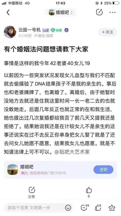 这是百度贴吧「婚姻吧」的一则用户求助帖截图。楼主今年42岁，曾因发现19岁的女儿并非自己亲生，与40岁的妻子离婚。离婚后妻子因暂时没有住处仍住在楼主家中，后续两人一直共同生活，妻子多次提出复婚都被楼主拒绝。之后妻子提出让楼主娶自己的非亲生女儿，且表示女儿也同意这个提议，楼主因此困惑，发帖询问这种情况在法律上是否可行。帖子下方有点赞、评论等互动数据，该贴吧为情感领域热门贴吧TOP10。同时针对楼主的问题，根据中国法律及公序良俗，这种情况是不被允许的：楼主与该女儿曾存在继父女的拟制血亲关系，即便离婚，这种伦理亲属关系仍受约束，且该提议违背社会公序良俗，同时我国法律也禁止此类违背伦理的婚姻。