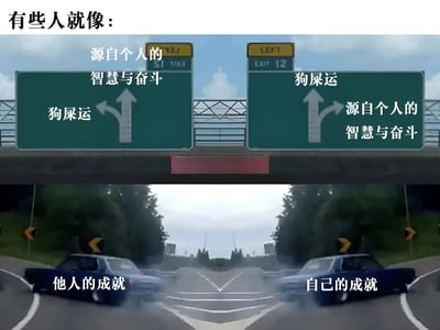 图片展示了一个公路场景，上方有两个绿色路牌。左侧路牌中，'源自个人的智慧与奋斗'指向正上方，'狗屎运'指向左侧；右侧路牌则相反，'狗屎运'指向正上方，'源自个人的智慧与奋斗'指向右侧。路牌下方的公路上，左侧有一辆标注'他人的成就'的汽车向左行驶，右侧有一辆标注'自己的成就'的汽车向右行驶。图片通过路牌箭头和汽车行驶方向的对比，讽刺了某些人将他人成功归因于'狗屎运'，却将自己的成就归功于'智慧与奋斗'的双标心态。