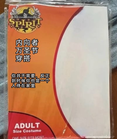 这是一张针对内向人群的万圣节主题搞笑梗图，画面主体是一个Spirit Halloween品牌的成人服饰包装袋，袋子右侧区域为空白，没有实际的万圣节服装。图中配有两段中文文案，分别是“内向者万圣节穿搭”和“你并不需要，反正到时候你也是一个人待在家里”，以幽默自嘲的方式，精准契合了内向人群在万圣节更倾向于独自宅家、不参与外出节日活动的社交习惯，通过“没有服装的穿搭包装”这种反差感，放大了搞笑效果，引发内向群体的共鸣。
