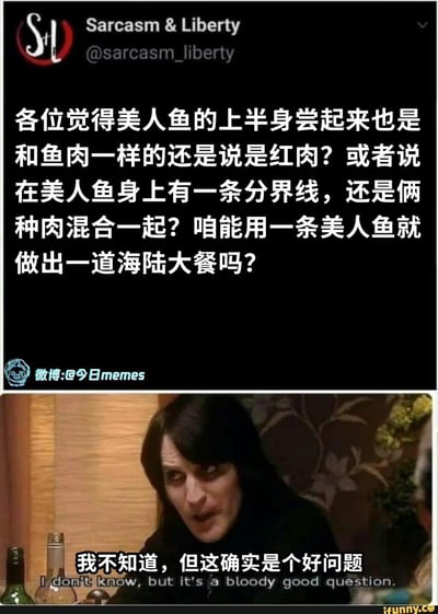 该图为拼接类搞笑梗图，上半部分是X平台的用户发帖截图，内容为脑洞提问，好奇美人鱼的上半身肉质属于鱼肉还是红肉，是否存在人鱼肉和鱼肉的分界线，能否仅用一条美人鱼制作出包含海鲜和红肉的海陆大餐；下半部分搭配了英剧《IT狂人》中角色Jen的错愕疑惑表情截图，配文回应称不知道但这是个好问题，生动表现出网友看到该脑洞提问时的反应，整体风格轻松搞笑，是典型的网络趣味玩梗内容。