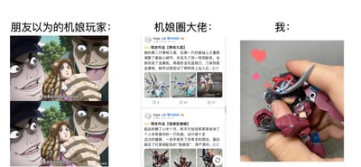 这是一张三栏式对比梗图，生动展现了机娘玩家群体的不同认知与真实状态：
1. 左栏是朋友眼中的机娘玩家：使用《JOJO的奇妙冒险》的经典名场面截图，配文“来我要把这娃娃的衣服扒光”“看看那里是不是和真的一样”，表现出外界对机娘玩家的低俗误解；
2. 中栏是机娘圈大佬的真实水平：截取了模型论坛用户“kaga”的作品分享帖，展示了经过精细喷涂、改造的华丽机娘模型，文字详细描述了制作中的细节调整与配色设计；
3. 右栏是普通爱好者的“我”：实拍图中手握着小巧的机娘模型，搭配爱心特效，表现出只是单纯喜爱把玩机娘的普通玩家状态。
整体通过强烈的反差感制造搞笑效果，戳中模型爱好者被误解的共鸣点。