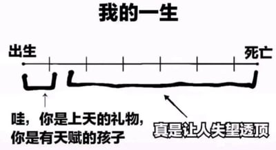 这是一张图文混排的静态梗图，核心内容是用一条从左至右的直线象征从“出生”到“死亡”的完整人生时间轴，直线下方的黑色曲线对应人生不同阶段的外界评价走向：人生初期，曲线先下沉再上扬，搭配文字“哇，你是上天的礼物，你是有天赋的孩子”，表现人在出生后被周围人满怀期待、赋予极高评价的状态；在人生的漫长中期，曲线持续处于低落平稳的状态，配文“真是让人失望透顶”，对应大多数人在成长过程中逐渐褪去光环，活成了不被认可、充满失意的样子；临近人生终点时曲线再次上扬，完成了一个完整的人生评价闭环。整张图用简洁的视觉符号和极具反差的文字，精准戳中了许多人对人生落差感的共鸣，以自嘲的方式调侃了现实人生的无奈。