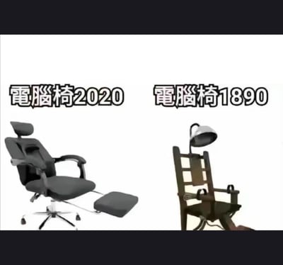 这是一张左右对比的搞笑梗图，左侧是2020年的现代电脑椅，具备头枕、扶手、脚踏、滚轮等设计，是功能齐全、主打舒适的办公/电竞座椅；右侧标注为1890年的“电脑椅”，实际是历史上用于死刑的电椅，带有行刑用的头罩和肢体约束装置。
该图运用了谐音梗，利用“电脑”的“电”与“电椅”的“电”制造关联，将1890年出现的电椅戏称为当时的“电脑椅”，结合1890年尚未发明电脑的时代背景，形成荒诞的反差感，以此制造搞笑效果。