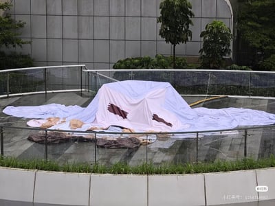 在雨天的户外玻璃平台上，晾晒的浅色床单被搭起，床单上的深色图案搭配布料的形态，恰好模拟出了带有“血迹”的“案发现场”效果，形成了惊悚的视觉错觉。平台地面湿漉漉的，周围还散落着其他晾晒的衣物，背景是现代建筑外墙和绿植，整体场景是日常晾晒衣物时巧合形成的趣味视觉效果。