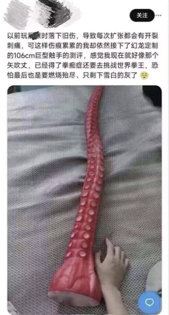 图片中展示了一只手正在触摸一条巨大的红色触手状物体，该物体表面有明显的吸盘结构，放置在灰色的布料上。触手长度据文字描述为106cm，疑似巨型鱿鱼触手。图片上方配有一段文字，讲述了因旧伤导致扩张时开裂刺痛，却仍坚持进行红龙定制的巨型触手测评，并以矢吹丈患病仍挑战拳王的故事自喻，表达了对自身可能因过度坚持而最终燃烧殆尽的担忧。