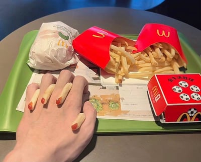 整张图拍摄于麦当劳店内，灰色桌面上放着绿色的麦当劳餐盘，餐盘内有一个用白纸包装的麦当劳汉堡、两盒开口倾倒出来的金黄色薯条，还有一个印有多枚足球图案、带有麦当劳标识的红色餐盒；画面左下角是一只真人的手，五根手指的美甲被设计成麦当劳薯条的样子：指甲主体为仿真薯条的米白色，指尖部分涂成红色模拟沾了番茄酱的薯条顶端，和旁边餐盘里的真实薯条外观高度相似，形成了巧妙的趣味呼应，创意感十足。