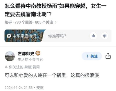 这是一张知乎平台问答页面的截图，顶部展示的问题为“怎么看待中南教授杨雨‘如果能穿越，女生一定要去魏晋南北朝’？”，该问题共有730个回答、805人关注。下方是知乎用户“左都御史”（个人签名为“生活的不参与者”）发布的评论，内容为“可以和心爱的人炖在一个锅里，这真的很浪漫”，以反讽的方式点明魏晋南北朝时期战乱频繁、社会动荡，甚至出现人食人惨剧的恶劣生存环境，反驳了“女性穿越到魏晋南北朝会很美好”的错误言论。评论显示发布于2024年11月24日21:53，发布地为安徽，页面还附带关注按钮、点赞按钮、分享按钮等知乎平台标准界面元素。
