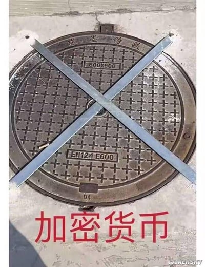这是一张文字加注的原始拍摄图，画面主体是一个带有“球墨铸铁”“800X900”“EN124 E600”“D4”标识的圆形井盖，井盖被两根金属条交叉锁住，处于封闭状态。图片下方用醒目的红色字体标注“加密货币”。这是一个谐音梗，利用“加密”的双关含义：井盖被金属条锁住，是物理层面的“加密（封闭锁住）”，同时谐音金融领域的“加密货币”，以此调侃加密货币可能存在的难以变现、流动性差等特性，用生活化的场景玩梗，显得幽默有趣。
