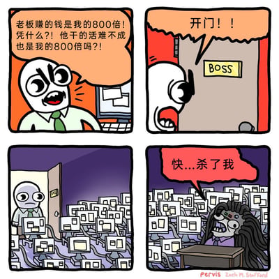 这是一幅四格连环卡通漫画，以夸张的方式展现职场中关于收入与工作量的矛盾：第一格，穿着衬衫领带的普通员工愤怒地咆哮，抱怨老板的收入是自己的800倍，质疑老板的工作量不可能达到自己的800倍；第二格，员工愤怒地拍打着标有“BOSS”的办公室门，情绪激动；第三格，员工推开门，脸上的愤怒瞬间转为震惊，房间里堆满了无数电脑，线缆缠绕，场景夸张；第四格，房间内的老板被大量线缆缠绕，表情痛苦绝望，对着员工说出“快...杀了我”，用极端夸张的画面回应了员工的质疑，体现出老板承受着远超想象的巨大工作压力。