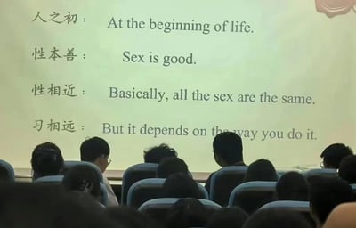 这是一张课堂场景的屏幕截图，画面下半部分是众多坐着听课的学生背影，上半部分的投影屏幕中展示了中国经典启蒙读物《三字经》的开篇四句原文，以及对应的英文翻译。但该翻译完全偏离了《三字经》的本意，利用中文“性”字的多义性，将“性本善”里表示“本性”的“性”错误解读为与“Sex（性）”相关的含义，后续的翻译也顺着这个错误方向延伸，形成了低俗且搞笑的反差效果。原本《三字经》传递的是人性本善、后天学习导致个体差异的启蒙道理，而图中的翻译则变成了完全无关的低俗内容，属于玩梗恶搞的创作。