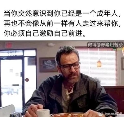 这是一张基于美剧《绝命毒师》剧照制作的文字加注梗图，画面中是剧中主角沃尔特·怀特，他坐在餐桌前，面容沧桑、神情疲惫落寞，搭配上方的文字“当你突然意识到你已经是一个成年人，再也不会像从前一样有人走过来帮你，你必须自己激励自己前进”，用角色的低落状态烘托出成年人在生活中需独自面对困境、自我激励的现实感悟，容易引发成年群体的情感共鸣。图的右上角带有“微博@野猪川苦茶”的水印，右下角带有“@meme图吧”的水印，表明其在社交媒体平台的传播痕迹。