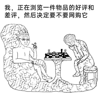 这是一张黑白线稿风格的图文混排网络梗图，顶部配文“我，正在浏览一件物品的好评和差评，然后决定要不要网购它”点明场景。画面呈现了一场特殊的对弈：左侧人物坐在大脑造型的座椅上，神态放松，手持烟斗，代表被好评影响、倾向购买的内心声音；右侧人物整个身体为大脑形态，托着脑袋面露纠结，代表被差评干扰、犹豫不定的内心声音。两人对弈的棋局生动比喻了人们网购查看评价时，内心两种对立声音的拉扯与博弈，形象刻画了网购决策时矛盾纠结的日常心态。