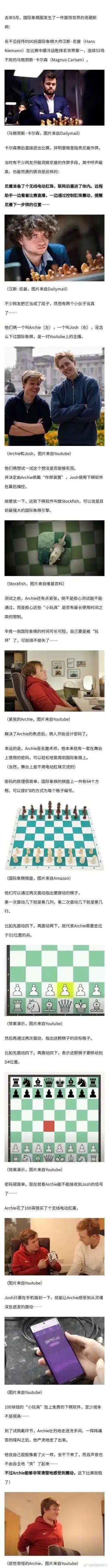 2022年9月，00后国际象棋大师汉斯·尼曼爆冷战胜世界第一的马格努斯·卡尔森后，卡尔森质疑其作弊，网友脑洞出用电动肛珠远程震动传递下棋指令的作弊方式。Youtube博主Archie和Josh决定实测这个脑洞：由Archie佩戴电动肛珠，Josh用最强国际象棋引擎Stockfish后台操控，利用Archie的舞台密码（将8*8棋盘格子编号，通过震动次数传递棋子位置与目标位置）来传递指令。测试前Archie担心装置损坏，测试时他能清晰感受到震动，成功验证了这个猎奇作弊脑洞的可行性。