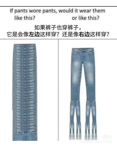 这是一张左右对比的创意梗图，上方配有英文和中文文字：'If pants wore pants, would it wear them like this? or like this? 如果裤子也穿裤子，它是会像左边这样穿？还是像右边这样穿？'。左侧图片展示一条牛仔裤被设计成多层裤腰堆叠的样式，仿佛裤子在'叠穿'裤子；右侧图片则将牛仔裤的裤腿末端分裂成多个小裤腿，形似裤子在'分腿'穿裤子。整体通过拟人化的幽默视角，对'裤子穿裤子'这一荒诞概念进行视觉化呈现，引发趣味联想。