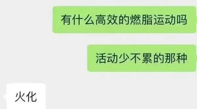 这是一张聊天记录风格的梗图，上方两个绿色对话气泡中，提问者先后询问“有什么高效的燃脂运动吗”和“活动少不累的那种”，下方白色气泡则以“火化”作为回应。图片通过极端且荒诞的“解决方案”制造黑色幽默效果，用“火化”的字面含义（燃烧身体）调侃了人们既想高效燃脂又不愿付出努力的矛盾心理。