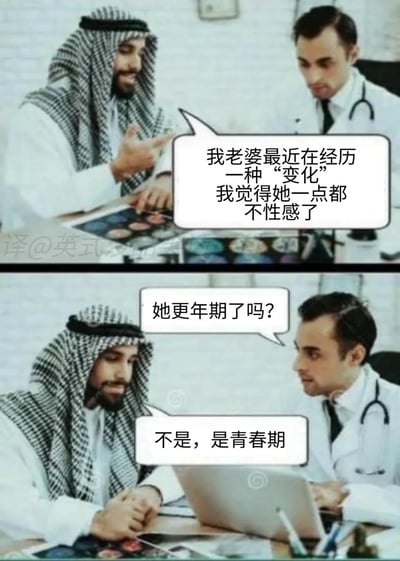 这是一张由上下两格组成的真人连环梗图，场景设定在医疗问诊室。上格中，一位身着中东传统服饰的男子坐在医生对面，面露苦恼地向医生倾诉自己的婚姻烦恼，称妻子最近的变化让他觉得对方不再性感；下格中，医生下意识以常见的中年女性生理变化提问“她更年期了吗？”，男子却给出了颠覆预期的回答“不是，是青春期”。该梗通过强烈的身份与年龄的反差制造荒诞笑点，“青春期”本对应未成年少女的成长阶段，与“老婆”这一婚姻身份结合，讽刺了部分地区存在的早婚现象，揭露了违背年龄常理的婚姻关系背后的不合理性。