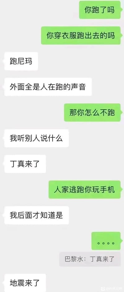 这是一段充满乌龙感的微信聊天记录：当地震发生时，大家都在慌乱逃生，其中一位用户却因为听错了外面的喊声，把“地震来了”听成“丁真来了”，所以没有跟着逃跑，直到后来才反应过来是地震，对话的反差感制造出强烈的搞笑效果，把紧张的逃生场景变成了让人哭笑不得的乌龙事件。