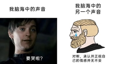 这是一张左右对比的梗图，左侧是一位真人演员的截图，配文“我脑海中的声音”和“要哭啦?”；右侧是一个卡通风格的胡子男性形象，带着一滴眼泪，配文“我脑海中的另一个声音”和“对啊，承认并正视自己的情感并无不妥”。图片通过对比两种内心声音，幽默地表达了自我接纳和情感表达的主题。
