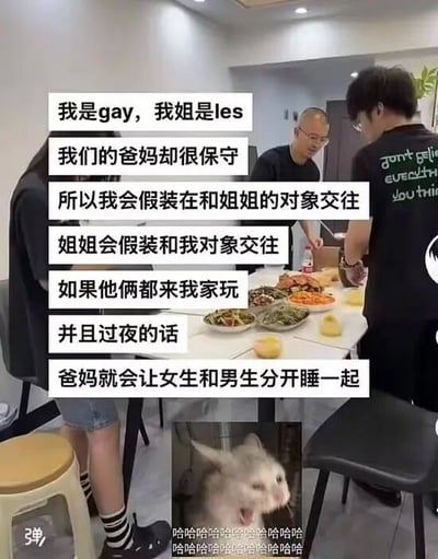 图片展示了一个家庭聚餐场景，几个人围坐在摆满食物的餐桌旁。图片上方有大段文字讲述了一个幽默故事：同性恋弟弟和 lesbian 姐姐为了应付保守的父母，互相假装和对方的伴侣交往。当两人的伴侣都来家里玩并过夜时，父母会让女生和男生分开睡，正好成全了他们各自的真实关系。图片底部还有一张小猫张大嘴巴的表情包，旁边配有大量"哈哈哈哈"的笑声文字，增强了搞笑效果。