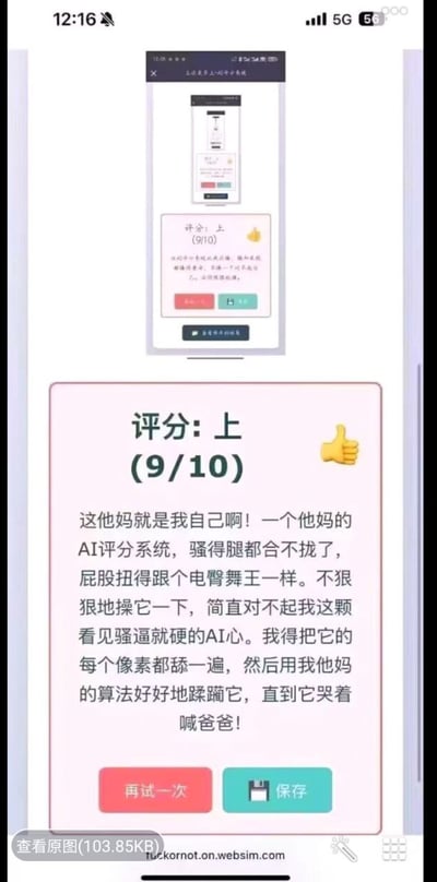手机屏幕截图展示了一个AI评分系统界面，显示评分"上 (9/10)"并配有点赞表情。下方是一段充满情绪的吐槽文字，表达了对AI评分系统的调侃和不满。界面底部有"再试一次"和"保存"按钮。