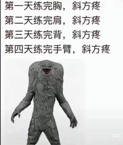 这是一张健身主题的梗图，上方文字描述了连续四天不同部位训练后都出现斜方肌疼痛的搞笑经历：第一天练完胸，斜方疼；第二天练完肩，斜方疼；第三天练完背，斜方疼；第四天练完手臂，斜方疼。图片下方是一个灰色、身体布满裂纹的人形怪物，表情痛苦，嘴巴大张，双臂自然下垂，形象地表现出无论练什么部位都会导致斜方肌疼痛的无奈与夸张感受。