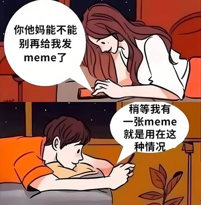 这是一幅两格漫画，上格中一位女性看着手机，不耐烦地抱怨对方不要再发meme；下格中一位男性躺着看手机，回应说自己正好有一张适合这种情况的meme。漫画通过这种反转展现了meme文化在日常交流中的有趣应用，充满幽默感和讽刺意味。