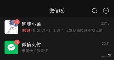 这是一张微信深色模式下的聊天列表截图，顶部显示微信共有6条未读消息。列表第一条是备注为“跑腿小弟”的联系人发来的未读消息，内容为“[转账] 姐姐 你不用上班了 我发现我转账不扣我钱”，发送时间为22:15；第二条是微信支付发来的未读通知，内容为“亲属卡扣款凭证”，发送时间为22:11。两条消息的时间和内容形成强烈反差笑点：弟弟误以为自己找到了转账不需要扣费的漏洞，还让姐姐不用上班，实际上他使用了绑定的姐姐的亲属卡，扣费是从姐姐的账户中扣除的，他自以为的“好事”其实是让姐姐平白支出，充满喜剧效果。