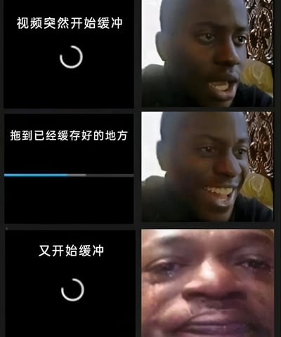 这是一张由六格图片组成的拼接梗图，展示了用户观看视频时遇到缓冲问题的情绪变化过程。上排左侧为黑色背景配白色文字'视频突然开始缓冲'和一个加载中的白色圆圈图标；上排右侧为一名男性愤怒的面部特写。中排左侧为黑色背景配白色文字'拖到已经缓存好的地方'和一个蓝色进度条；中排右侧为该男性表情略微缓和的特写。下排左侧为黑色背景配白色文字'又开始缓冲'和一个加载中的白色圆圈图标；下排右侧为该男性极度崩溃、眼眶含泪的特写。整个梗图通过文字与表情的对比，幽默地表现了网络视频缓冲带来的挫败感。