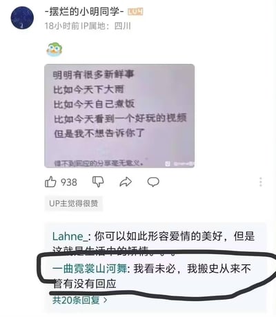 这是一张社交媒体截图，显示用户"-摆烂的小明同学-"发布的一条状态。内容表达了虽然有很多新鲜事想分享（如下大雨、自己煮饭、看到好玩视频），但因为觉得得不到回应而不想分享的心情。帖子下方有两条评论，一条认为这是生活中的矫情，另一条则表示分享从不介意是否有回应。