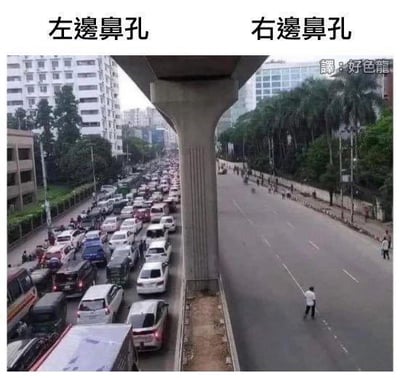 这张图通过高架桥立柱的视觉分隔效果，将左右两条道路类比为人的左右鼻孔：左侧道路拥堵不堪，大量车辆排成长龙；右侧道路则十分空旷，仅有少量行人。图上方标注“左边鼻孔”“右边鼻孔”，用生活化的人体器官比喻，形象吐槽了城市交通的巨大反差，趣味十足。
双关说明：视觉上立柱分隔的道路结构类似鼻孔，同时也暗示拥堵的左侧像不通气的鼻孔，通畅的右侧像正常呼吸的鼻孔，用幽默的方式表达对通勤拥堵的无奈。