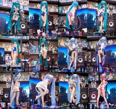 这是一组九宫格形式的实拍图片，展示了初音未来可动手办的多种创意穿搭造型，包括机能风套装、运动服、日常裙装、泳装、辣妹风、学院风等不同风格，背景是摆满各类ACG手办的收藏展示架，搭配音箱、椅子、屏幕等道具，呈现出手办爱好者的创意搭配与收藏氛围，每一张图都展示了不同的穿搭主题，细节丰富，充满ACG爱好者的巧思。