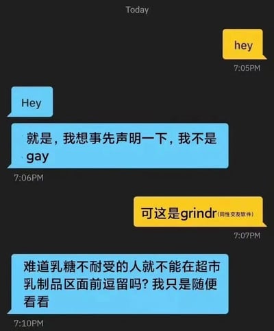 这是一张聊天记录截图，展示了一段充满幽默反差的对话。黄色气泡用户在Grindr（同性交友软件）上发送“hey”后，蓝色气泡用户先以“Hey”回应，随即声明“我不是gay”。黄色气泡用户指出“可这是grindr (同性交友软件)”，蓝色气泡用户则用“难道乳糖不耐受的人就不能在超市乳制品区面前逗留吗?我只是随便看看”的类比进行辩解，形成荒诞又搞笑的对话效果。