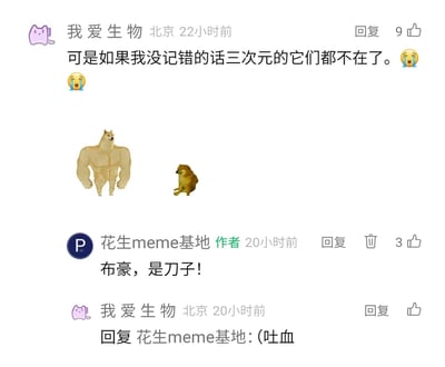 这是一张社交媒体评论区的截图，用户「我爱生物」发布评论，提及互联网知名meme形象Doge和Cheems的真实原型在三次元中都已离世，并附上哭泣表情；评论下方搭配了肌肉身材的衍生Doge梗图和普通坐姿的Cheems梗图。随后该内容的作者「花生meme基地」回复「布豪，是刀子！」，用网络用语表达这条消息十分扎心，用户「我爱生物」又以「(吐血」回复，整体互动在玩梗的氛围中带着对meme原型离世的伤感情绪。