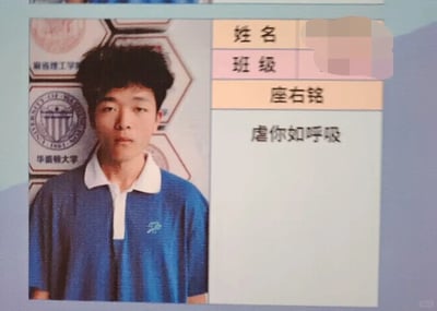 这是一张校园学生个人风采展示图，左侧是一位身着蓝白拼色POLO衫的男生，他表情严肃，直视镜头，身后背景印有麻省理工学院、华盛顿大学的校徽图案；右侧为信息展示栏，姓名与班级信息被打码隐藏，仅露出的座右铭栏写着极具个性的“虐你如呼吸”，整体排版规整，是典型的校园人物展示风格，充满学生的张扬个性。