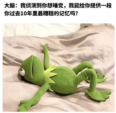 图片上方配有文字“大脑：我侦测到你想睡觉，我能给你提供一段你过去10年里最糟糕的记忆吗？”，下方是一只绿色的科米蛙 plush 玩具四肢摊开、肚皮朝上地躺在浅色的被子上，双眼微闭，表情看起来疲惫又无奈，仿佛精准还原了人们深夜想睡觉时，大脑却突然闪过各种尴尬黑历史的真实场景，用幽默的方式吐槽了失眠时的常见困扰。