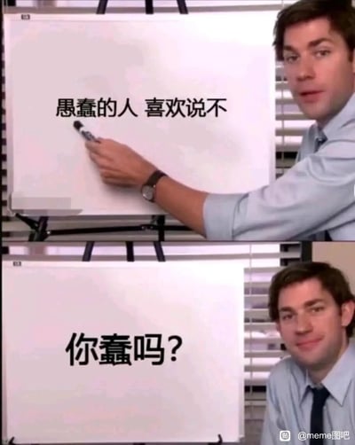这是一张由美剧截图改编的双图拼接搞笑梗图，第一幅图中，身着衬衫的男士手持笔指向白板，白板上写着“愚蠢的人 喜欢说不”，营造出定义式的讲解氛围；第二幅图中，白板文字变为“你蠢吗？”，男士面带狡黠的微笑看向镜头。这形成了一个巧妙的逻辑陷阱：如果被提问者回答“不”，就恰好对应了前一句“愚蠢的人喜欢说不”，从而陷入自我矛盾的窘境，用这种挖坑式的提问设计制造出荒诞搞笑的整蛊效果。