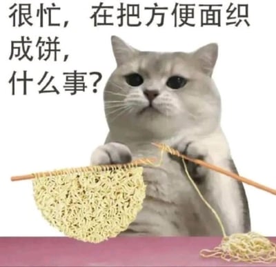 这是一张搞笑合成梗图，画面里的圆脸灰猫被P上织针，用方便面充当毛线，做出“织方便面饼”的动作，搭配配文「很忙，在把方便面织成饼，什么事？」，用荒诞无厘头的场景，调侃自己正处于忙碌（或假装忙碌）的状态，以此拒绝被打扰。整体风格搞笑敷衍，充满趣味性。