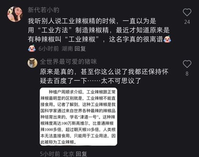 这是一张竖屏的社交媒体评论截图，包含两条网友的发言以及一段科普文字。第一条来自湖南的用户“新代若小豹”6小时前发布评论，表示自己此前一直以为“工业辣椒精”是用工业方法制造的辣椒精，近期才得知存在名为“工业辣椒”的品种，觉得这个名字很离谱；第二条来自北京的用户“全世界最可爱的猪咪”5小时前回复，称自己在看到这条评论后还特意百度确认，对工业辣椒的存在感到不可思议，同时附上了一段科普内容：种植户周顺求介绍，工业辣椒学名“津道一号”，是我国科学家用全球最辣的辣椒品种培育而来，辣度高达100万斯高维尔，是普通辣椒的1000多倍、朝天椒的10多倍，无法直接食用，仅能用于工业用途，因此被称为工业辣椒。两条评论分别获得24和8个点赞。