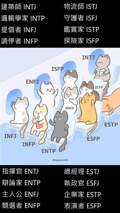 这是一张MBTI十六型人格主题的卡通梗图，画面上下的黑色区域分别列出了I维度和E维度共16种MBTI人格对应的官方中文称呼，中间主体为飞机客舱场景，将16种MBTI人格分别拟化为不同花色的卡通猫咪，每只猫咪的神态动作都贴合对应人格的典型性格特征：如INTJ猫安静坐在后排看书、ENFP猫兴奋挥手、ESTP猫慵懒瘫在座位上，生动具象地展现了不同人格的行为差异，风格可爱趣味。