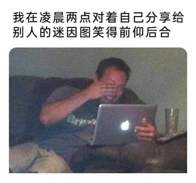这是一张充满共鸣感的搞笑梗图，图上方配有文字“我在凌晨两点对着自己分享给别人的迷因图笑得前仰后合”，下方是一张真实生活照片：昏暗的环境里，一名男子坐在沙发上，捧着苹果笔记本电脑，一只手捂脸，嘴巴大张，笑得十分夸张。这张图生动还原了当代年轻人深夜上网时，回看自己分享过的搞笑迷因内容，依然被戳中笑点、狂笑不止的状态，精准捕捉到了这种自我共鸣的有趣时刻，很容易引发网友的共情。