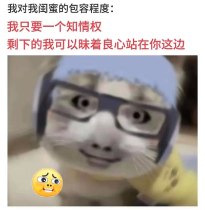 这是一张幽默风格的表情包，上方文字内容为“我对我闺蜜的包容程度：我只要一个知情权 剩下的我可以昧着良心站在你这边”，下方是一只戴着蓝色帽子和黑框眼镜的猫，表情狡黠又带着一丝得意的微笑，完美呼应了文字中“昧着良心站在你这边”的调侃意味。图片通过拟人化的猫咪形象和夸张的文字，幽默地表达了闺蜜间无条件支持的深厚友谊。