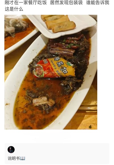 这是一张网友分享的餐厅用餐场景图，画面主体是一盘梅菜扣肉，令人滑稽的是，菜品中混杂着一个印有“梅菜扣”字样的同款预制菜包装袋，显然是餐厅在使用预制菜时，未将包装袋取出就直接装盘上桌。背景中还能看到春卷、蒸鱼等其他餐厅菜品。发布者配文表达了自己的疑惑，下方评论则调侃这个包装袋是“说明书”，整体内容充满了对餐厅粗心失误的吐槽感。