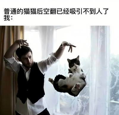 图片上方配有文字“普通的猫猫后空翻已经吸引不到人了 我：”，下方画面中一名穿着白衬衫黑背心的男子正双手比划着特殊手势，一只黑白相间的猫咪则以仰卧姿势悬浮在空中，仿佛被男子操控着进行“高难度表演”。整体通过文字与图像的反差制造幽默效果，调侃普通猫咪视频吸引力不足，转而用夸张的“操控猫咪”场景博眼球。