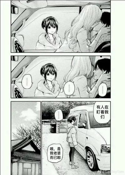 这是一组日式黑白连环漫画，共三格分镜。第一格呈现车内一名长发女子与男子正处于亲密互动中，车外的短发女生正注视着他们；第二格中两人察觉到视线后停下动作，三人都陷入沉默，画面中只有代表无语的省略号气泡；第三格分为两个小图，先是展示户外的场景，随后是短发女生站在车旁，车内的长发女生开口说“有人在盯着我们”，而男子则一脸淡定地回应“哦，是我老婆而已啦”，直接揭示了车外的短发女生正是男子的妻子，整个漫画以简洁的分镜和对话，营造出极具讽刺与扎心的氛围，直白展现了婚姻中背叛的冰冷瞬间。