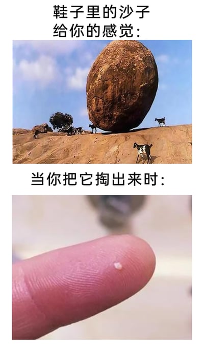 这是一张由上下两张实拍图拼接而成的连环对比梗图，用来调侃人们日常生活里的小困扰：上图配文“鞋子里的沙子给你的感觉”，画面是一块巨大的圆状平衡石立在土黄色坡地上，周围有几只山羊在活动，用这块视觉上极具压迫感的巨石，来类比鞋里的沙子带来的强烈异物感，仿佛脚下负担着巨大的重量；下图配文“当你把它掏出来时”，画面是一根手指的指腹上沾着一颗极其微小的沙粒，与上图的巨石形成强烈的视觉反差，生动且幽默地还原了鞋里沙子带来的不适感和实际沙子的微小之间的落差，精准戳中人们的日常体验。
